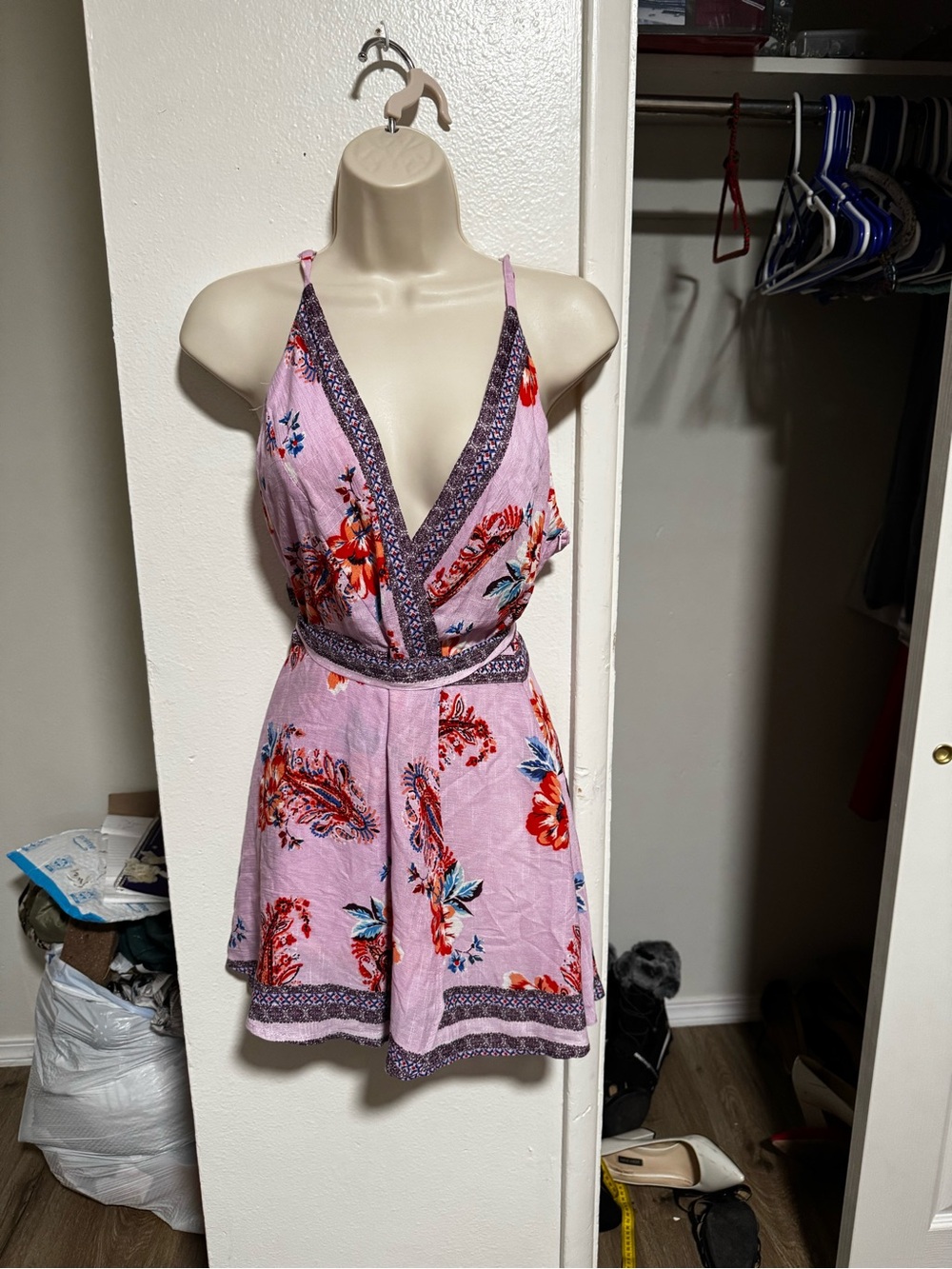 En Creme Pink Floral Halter Romper with Purple Trim - Picture 2 of 4